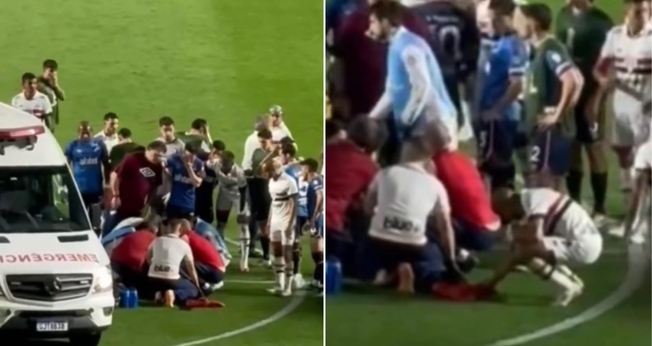 Lucas Moura se agachou e orou por Juan. (Foto: Reprodução/X/SPFC 24 HORAS).