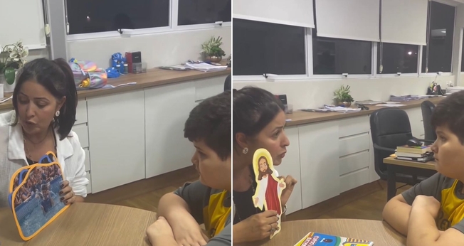 Aline Santos ensinando o menino. (Foto: Reprodução/Instagram/Aline Santos)