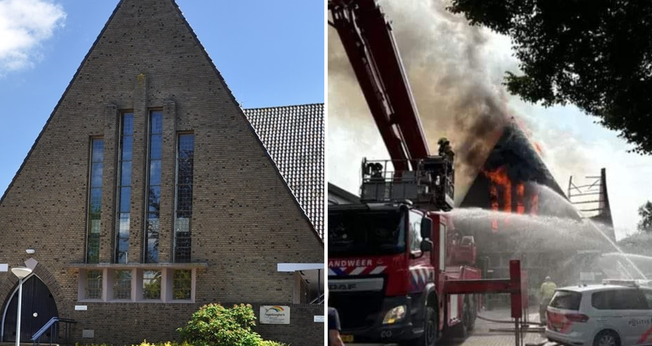 Igreja Regenboogkerk antes e durante incêndio. (Foto: Facebook/ Regenboogkerk)