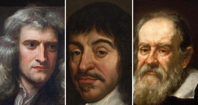 Isaac Newton, René Descartes e Galileu Galilei. (Foto: Domínio público/Wikimedia/SNL)