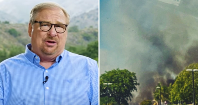 Pr. Rick Warren; imagem do incêndio em área externa da Igreja Saddleback. (Foto: Instagram/pastorrickwarren)