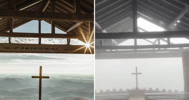 Capela no YMCA Camp Greenville em Cleveland, antes e após o furacão Helene. (Foto: Facebook/Pretty Place)