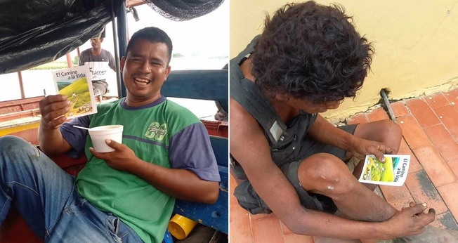 Colombianos com o livreto evangelístico. (Foto: Reprodução/Facebook/World Missionary Press)