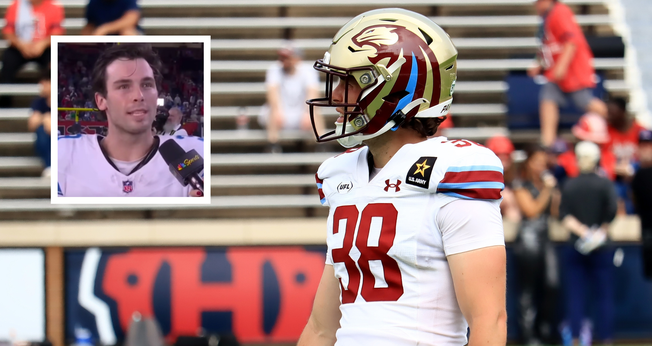 Jake Bates em campo; no destaque, durante entrevista sobre seu extraordinário desempenho. (Foto: Wikipedia/X)