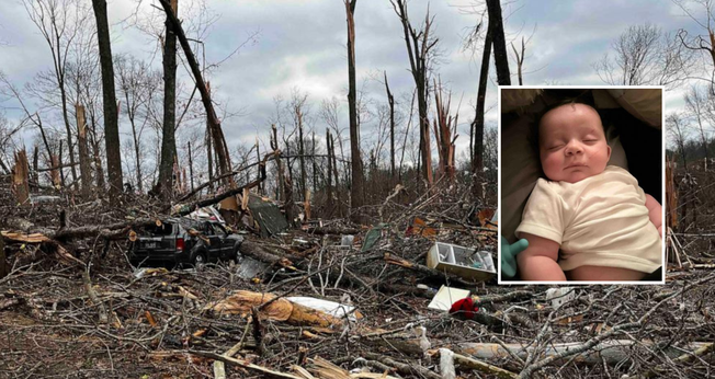 Local onde tornado passou ficou destruído; no destaque, o bebê Lord. (Foto: Arquivo pessoal)