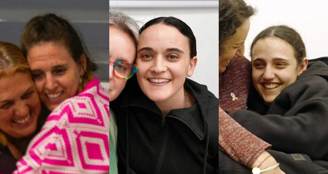 Primeiras reféns libertadas após cessar-fogo (da esq. para a dir.) Doron Steinbrecher, Emily Damari e Romi Gonen. (Foto: IDF) 