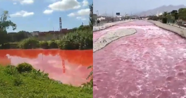 Os rios Sarandi e Rímac ficaram avermelhados na semana passada. (Foto: Reprodução/X/KL Vídeos/Reprodução/Instagram/Gabriel Ferrigno).