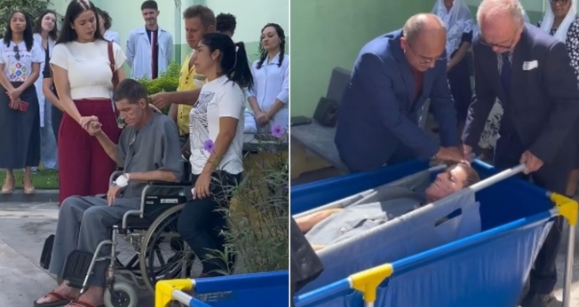 Leocir Tonetta foi batizado em uma piscina no pátio do hospital. (Foto: Reprodução/Instagram/Hospital Universitário Júlio Müller).