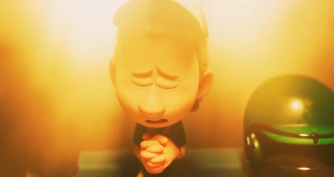 A personagem Laurie da série 'Win or Lose' da Disney+ orando antes de um jogo de softball. (Captura de tela/YouTube/Cartoooon)