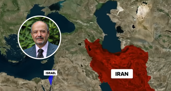 O pastor Lazarus Yeghnaza, no destaque; mapa regional do Oriente Médio: Israel e Irã. (Captura de tela/YouTube/Erick Stakelbeck on TBN)