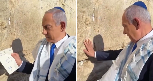 O primeiro-ministro Benjamin Netanyahu em visita ao Kotel, também conhecido como Muro das Lamentações. (Captura de tela / redes sociais)
