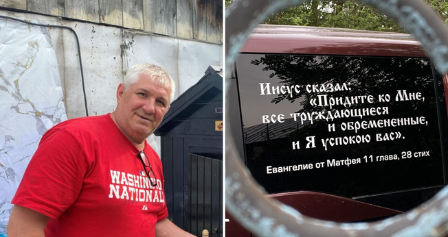 Vladimir e seu carro, coberto por versículos bíblicos, usados para evangelizar pelas ruas da Rússia. (Foto: William Immink)