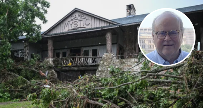 Fachada do Acampamento Mystic; o diretor “Dick” Eastland, no destaque. (Captura de tela/statesman/Facebook)