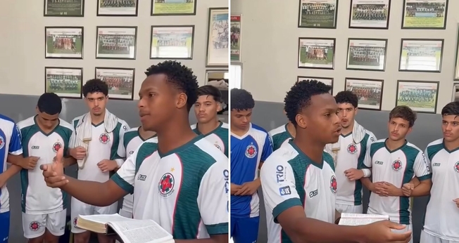 Os atletas ouvindo a Palavra antes do jogo. (Foto: Reprodução/Instagram/Samuel Pereira)