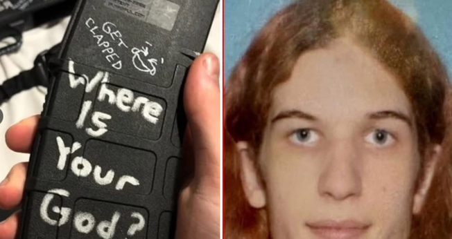 O carregador de munição com a frase “Onde Está o Seu Deus?”; o atirador Robin Westman. (Captura de tela/Instagram/Fox News)