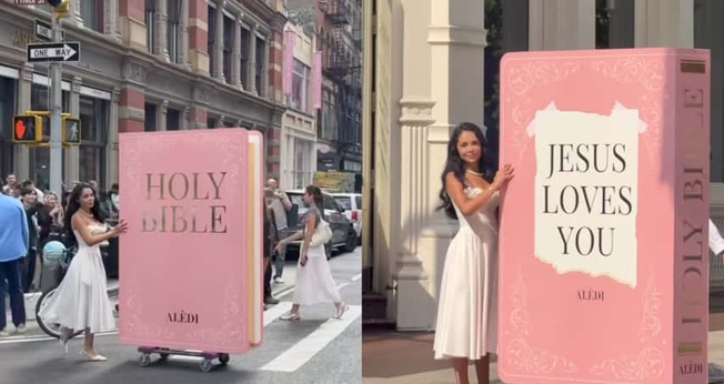 Maria Alejandra Diaz exibiu uma Bíblia rosa gigante pelas ruas de Nova York. (Foto: Reprodução/Instagram/Maria Alejandra Diaz).