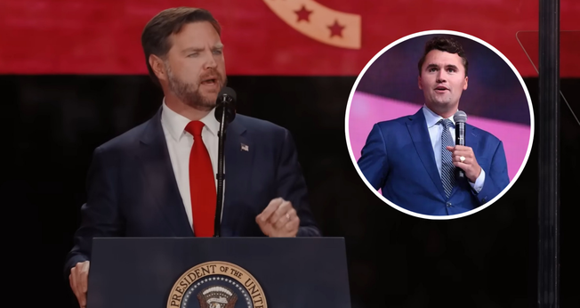 O vice-presidente dos EUA, J.D. Vance, discursa no memorial de Charlie Kirk; no detalhe, imagem de Kirk. (Captura de tela/YouTube/The White House/Wikipedia)