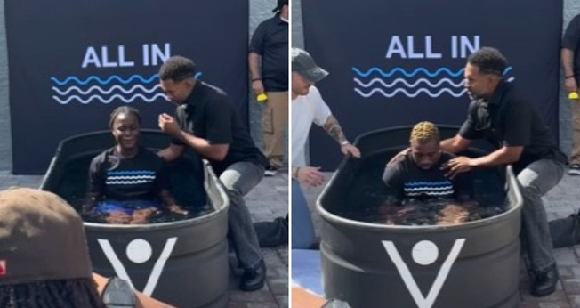 O batismo de Noah Lyles e Junelle Bromfield. (Foto: Reprodução/Instagram/Noah Lyle)