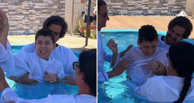 O batismo de Ibrahim. (Foto: Reprodução/Instagram/Thábata Veloso)