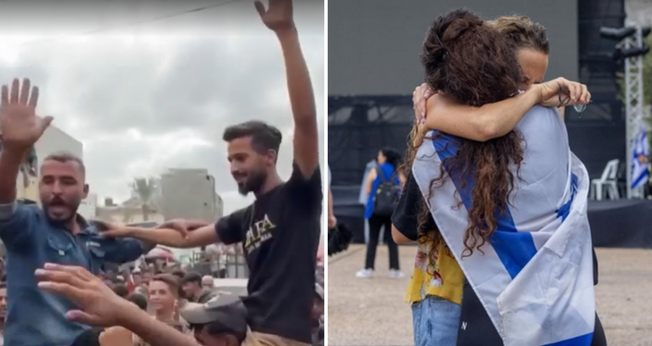 Palestinos [à esquerda] e israelenses [à direita] celebram acordo de paz nas ruas. (Captura de imagem/NBC/StandWithUs Brasil)