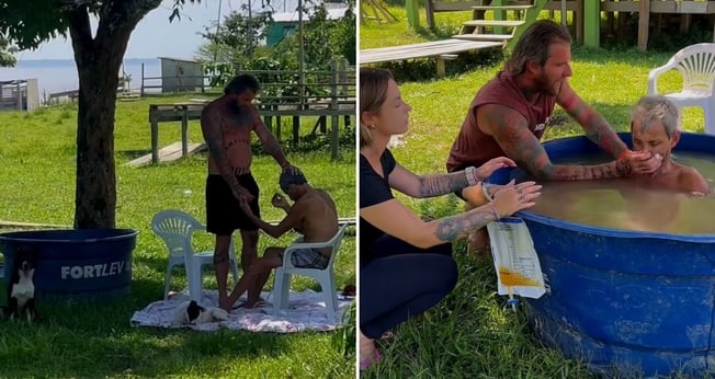 Max batizando o idoso. (Foto: Reprodução/Instagram/Max Dacampo)