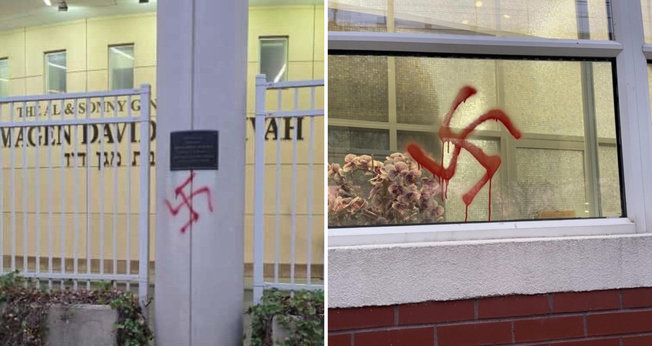 Pichação de símbolos nazistas na Magen David Yeshiva, no Brooklin. (Imagem: Twitter/Kalman Yeger/Deputada Nicole Malliotakis)