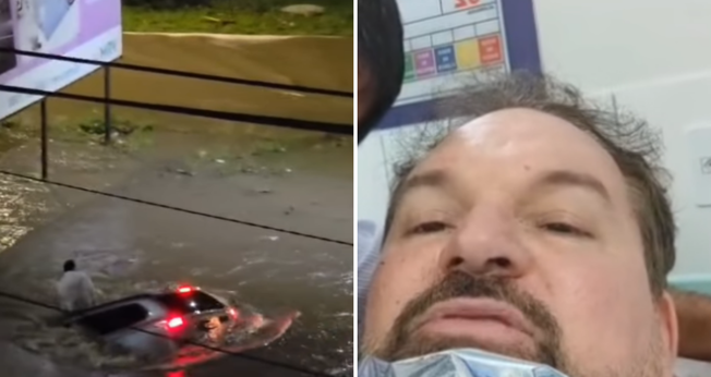 Gerald Saraiva foi arrastado pela enxurrada e resgatado com vida em Vitória da Conquista. (Imagens: Facebook/Nilo Freitas)