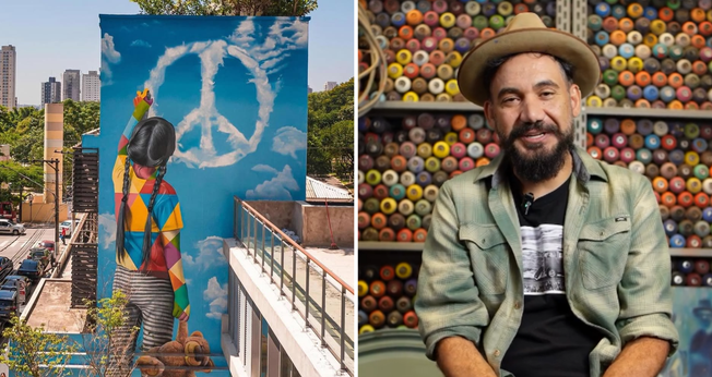 Mural pintado por Kobra e o artista contando seu testemunho. (Captura de tela/Instagram/kobrastreetart)