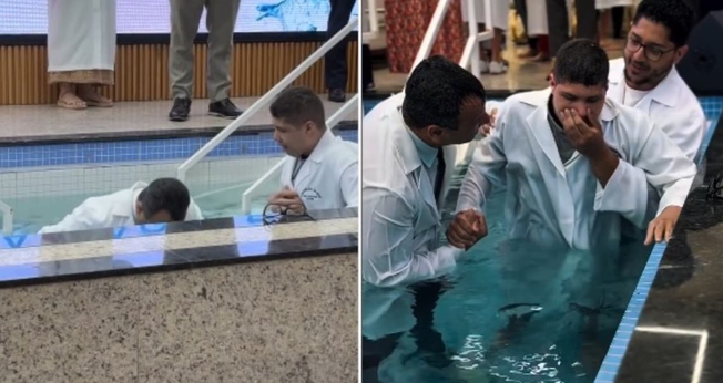 O pastor Marcos Dias ajudou Adriel a mergulhar na água. (Foto: Reprodução/Instagram/AD Brás de São Caetano).