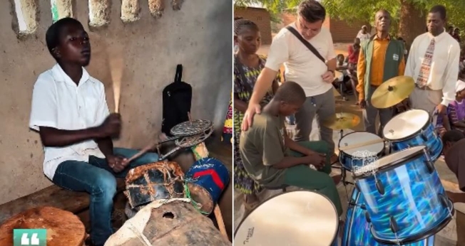 Felipe tocou uma bateria de verdade pela primeira vez. (Foto: Reprodução/Instagram/Joani Bentes).