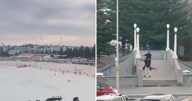 Atiradores espalham terror durante celebração judaica na praia de Bondi Beach, em Sydney. (Captura de tela/YouTube/Daily Mail Australia)