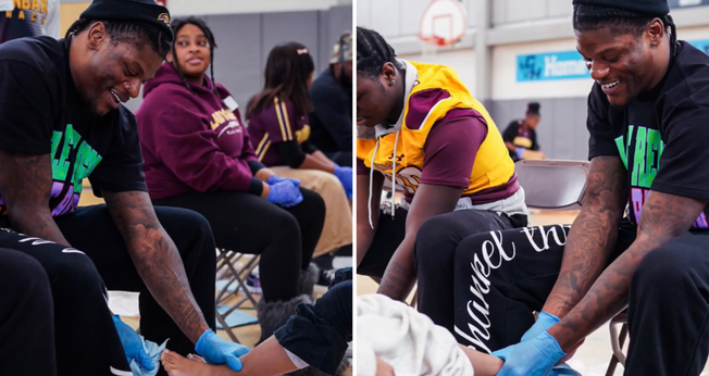 Lamar Jackson lava os pés de uma das alunas da Escola Primária Severn. (Montagem: captura de tela/Instagram/ravens)