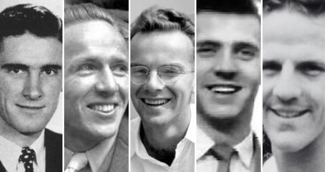 Os missionários Roger Youderian, Nate Saint, Pete Fleming, Ed McCully e Jim Elliot. (Fotos: Wikipedia/findagrave)
