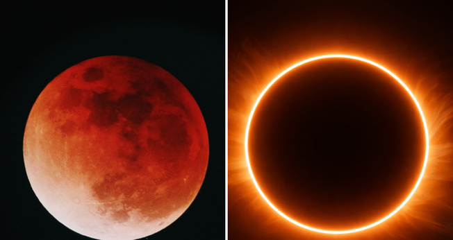 Lua de sangue e anel de fogo (Fotos: Yu Kato / Unsplash / IA)