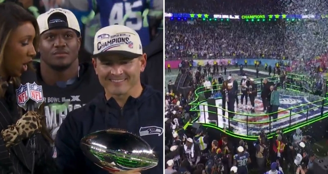 O técnico Mike Macdonald na entrega do troféu. (Foto: Reprodução/X/NFL)