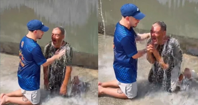 O homem aceitou Jesus durante um evangelismo. (Foto: Reprodução/Instagram/Batucada Abençoada).
