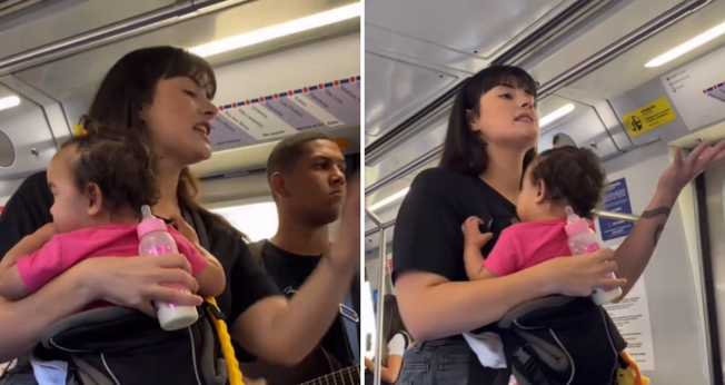 Com a filha Éden no colo, Julia ministra em vagão de metrô enquanto o marido, Kawan, toca violão. (Captura de tela/Instagram/geracao_kaleo)