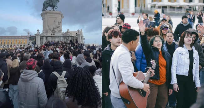 Um grupo de cristãos tem se reunido na Praça do Comércio, em Lisboa. (Foto: Reprodução/Instagram/Felipe Belo/Reprodução/Instagram/Aviva Lisbon Movement).