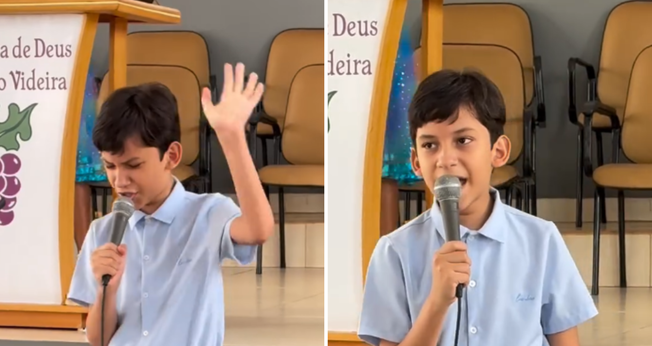 Davy, de 11 anos, emociona ao louvar na igreja com entrega e espontaneidade. (Captura de tela/Instagram/Kelley Freire)