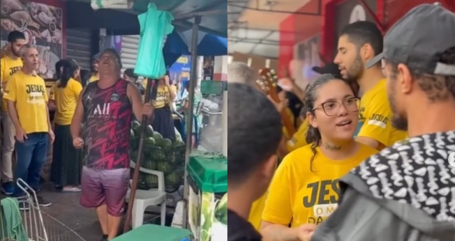 Os cristãos continuaram pregando na feira alagada. (Foto: Reprodução/Instagram /Marcelo Moreno Gomes).