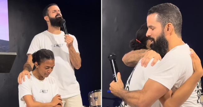 Mariana e o pastor no culto. (Foto: Reprodução/Instagram/Igreja Casa da Benção)
