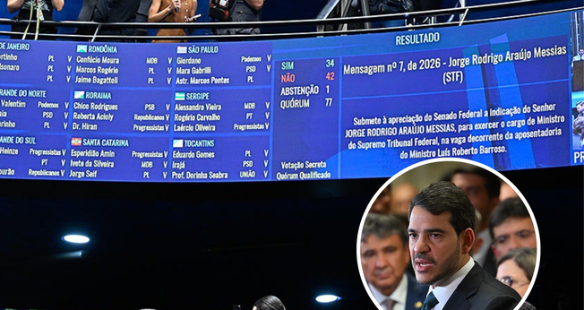 Votação teve apenas 34 dos 41 votos necessários para a aprovação; no destaque, Jorge Messias em entrevista coletiva. (Foto: Waldemir Barreto/Ton Molina/Agência Senado)