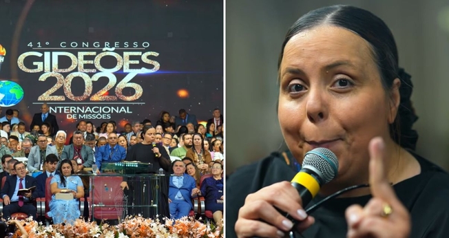 A pastora Helena Raquel no congresso Gideões 2026. (Foto: Reprodução/YouTube/Gideões Missionários da Última Hora)