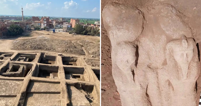 Sítio arqueológico e estátua maciça atribuída a Ramsés II. (Foto: Ministério do Turismo e Antiguidades)
