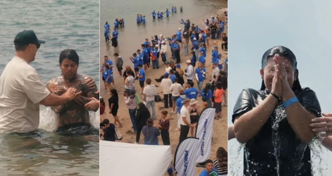 Pessoas se reúnem para serem batizadas na Pirate’s Cove. (Captura de tela / Baptize California)