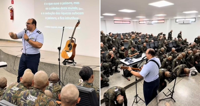 O pastor Claudio Britto ministrando a Bíblia aos recrutas. (Foto: Reprodução/Instagram/Claudio Britto)
