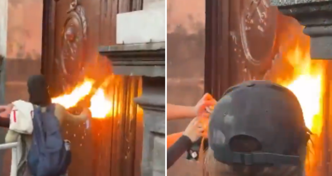 Vândalos tentam atear fogo à porta de igreja em Querétaro. (Captura de tela/Instagram/eltoro.tv)