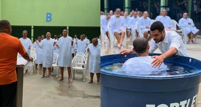 Mais de 20 presos foram batizados nas águas dentro da penitenciária. (Foto: Instagram/Projeto Recomeço).