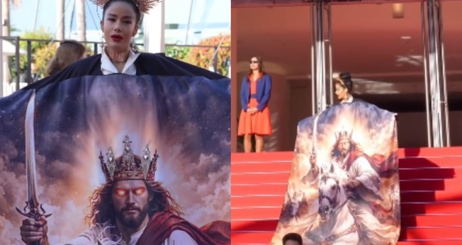 Massiel Tavares usou uma capa sobre a volta de Jesus em Cannes. (Foto: Reprodução/Instagram/Massiel Tavares).