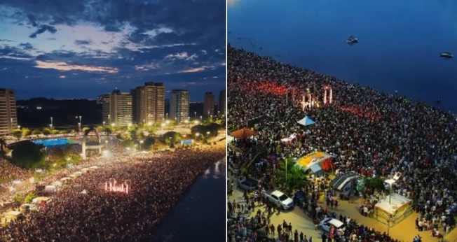 A multidão louvou e orou na Praia da Ponta Negra. (Foto: Reprodução/Instagram/joelsonsilvaam/Reprodução/Instagram/amanhecer.manaus).